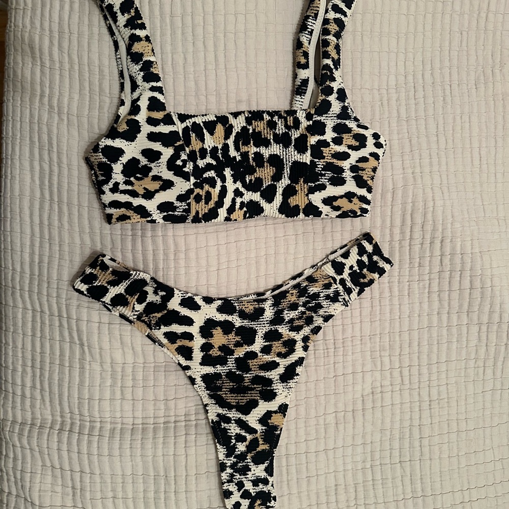 H&M Leopard-Print Bandeau Bikini Set – White, Black & Tan